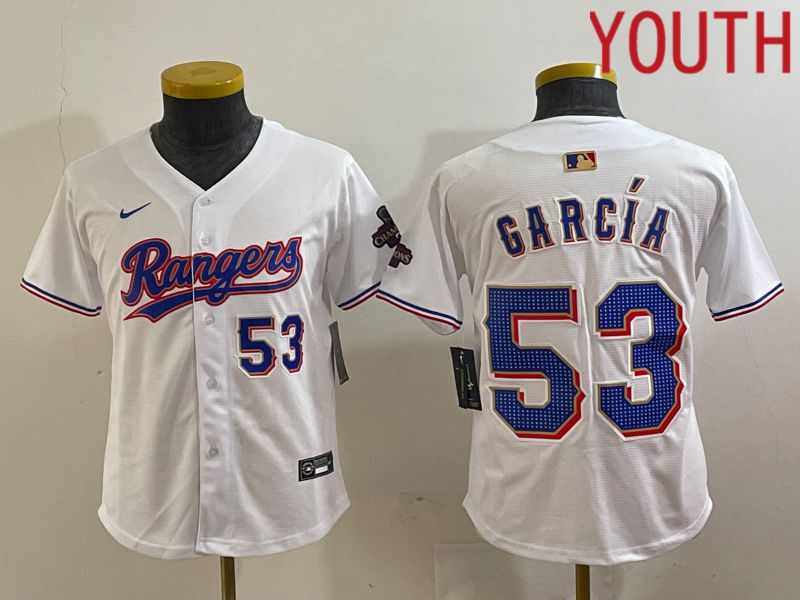 Youth Texas Rangers 53 Garcia White Champion Game Nike 2024 MLB Jersey style 4